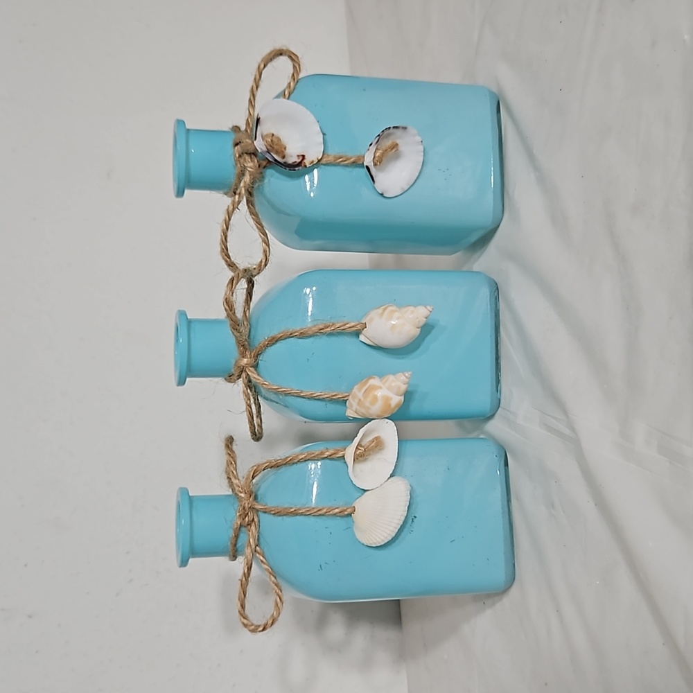 Hand Painted Light Blue Natural Twine Assorted Sea Shells Glass Jars